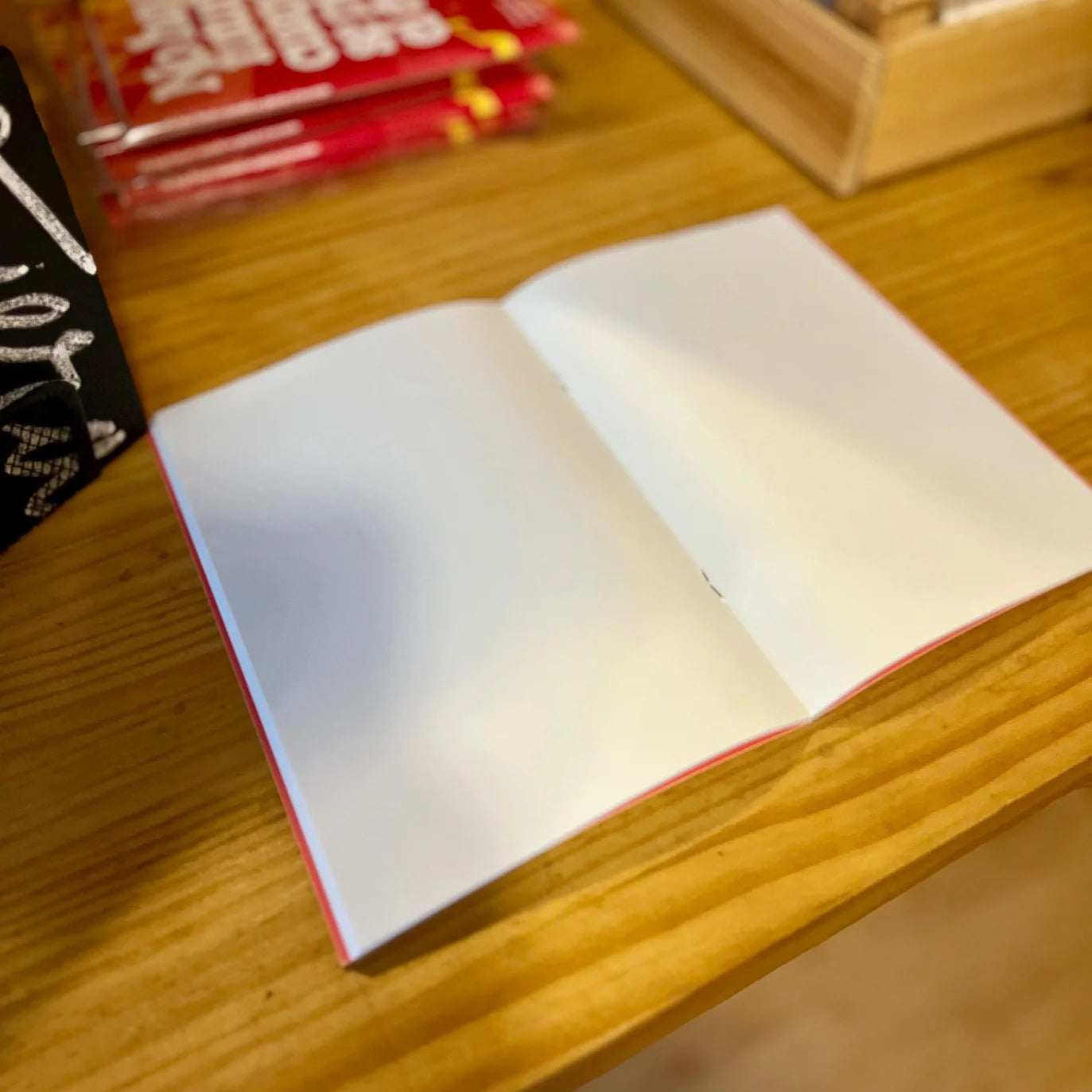 libreta de Voraz y María Gómez de cómo echar a la humana, abierta sobre una mesa y con las páginas en blanco