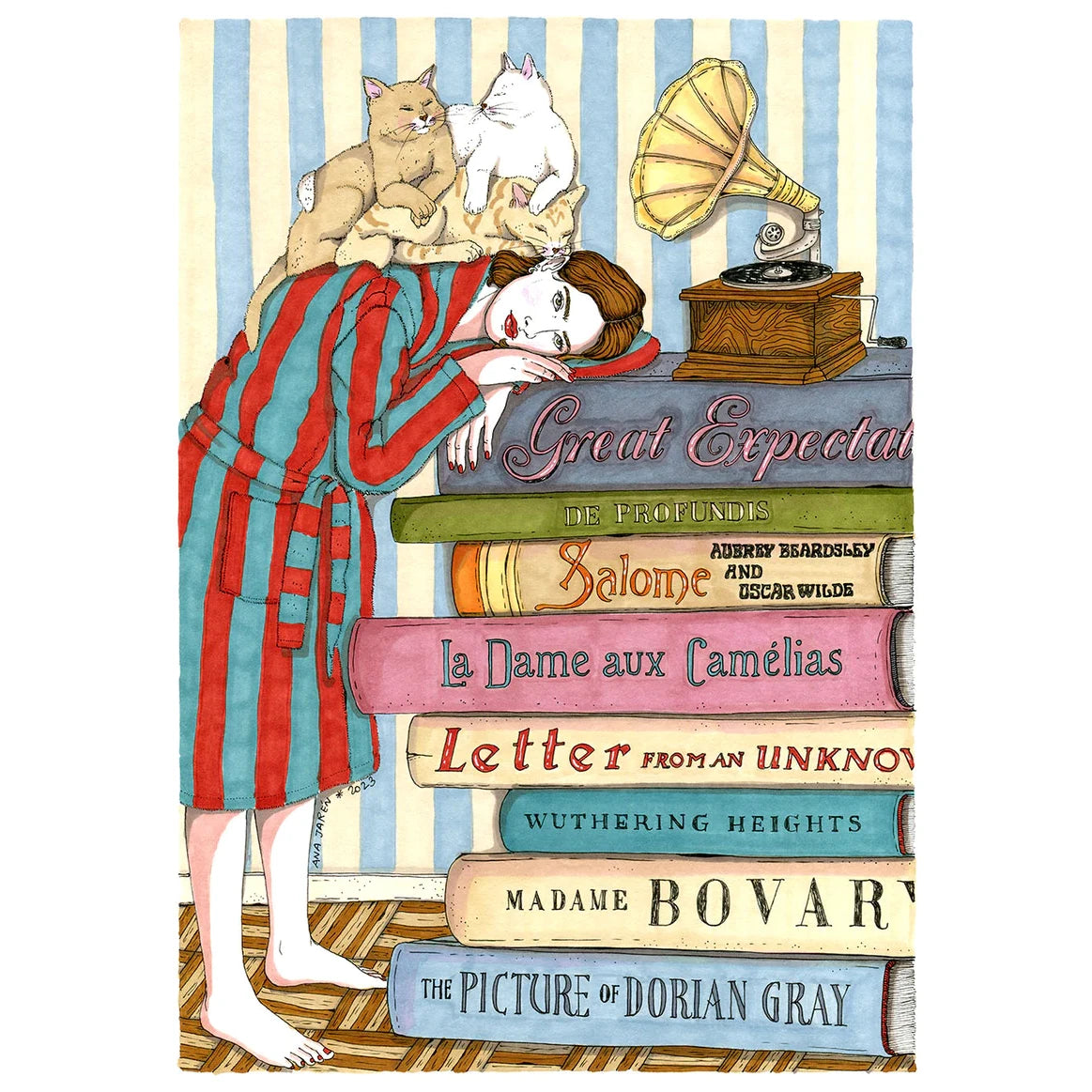 imagen de una lámina de la ilustradora Ana Jarén con una chica sobre libros, rodeada de gatos y música
