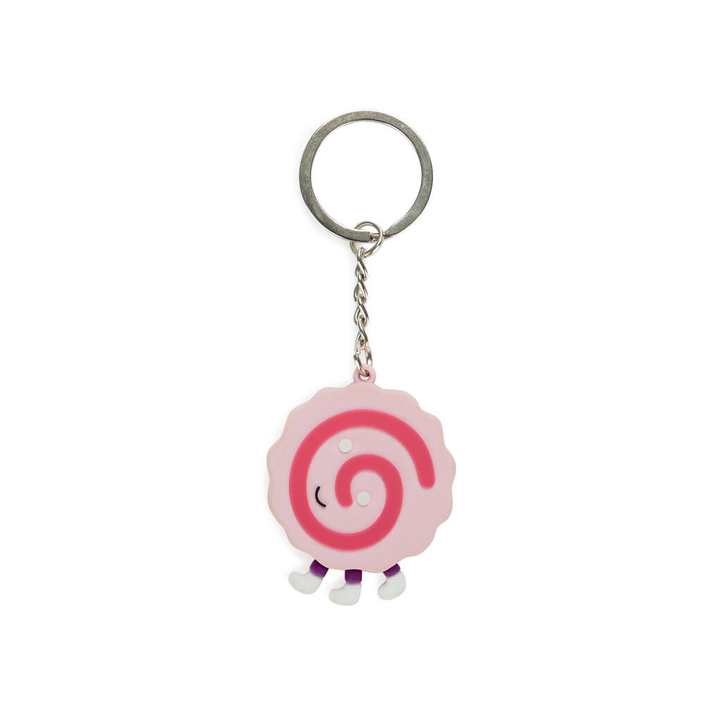 Parte frontal de un naruto, un circulo rosa con una espiral fucsia dentro, y carita sonriente, de tres patas sobre fondo blanco