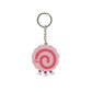 Parte trasera de un naruto, un circulo rosa con una espiral fucsia dentro, y carita sonriente, de tres patas sobre fondo blanco