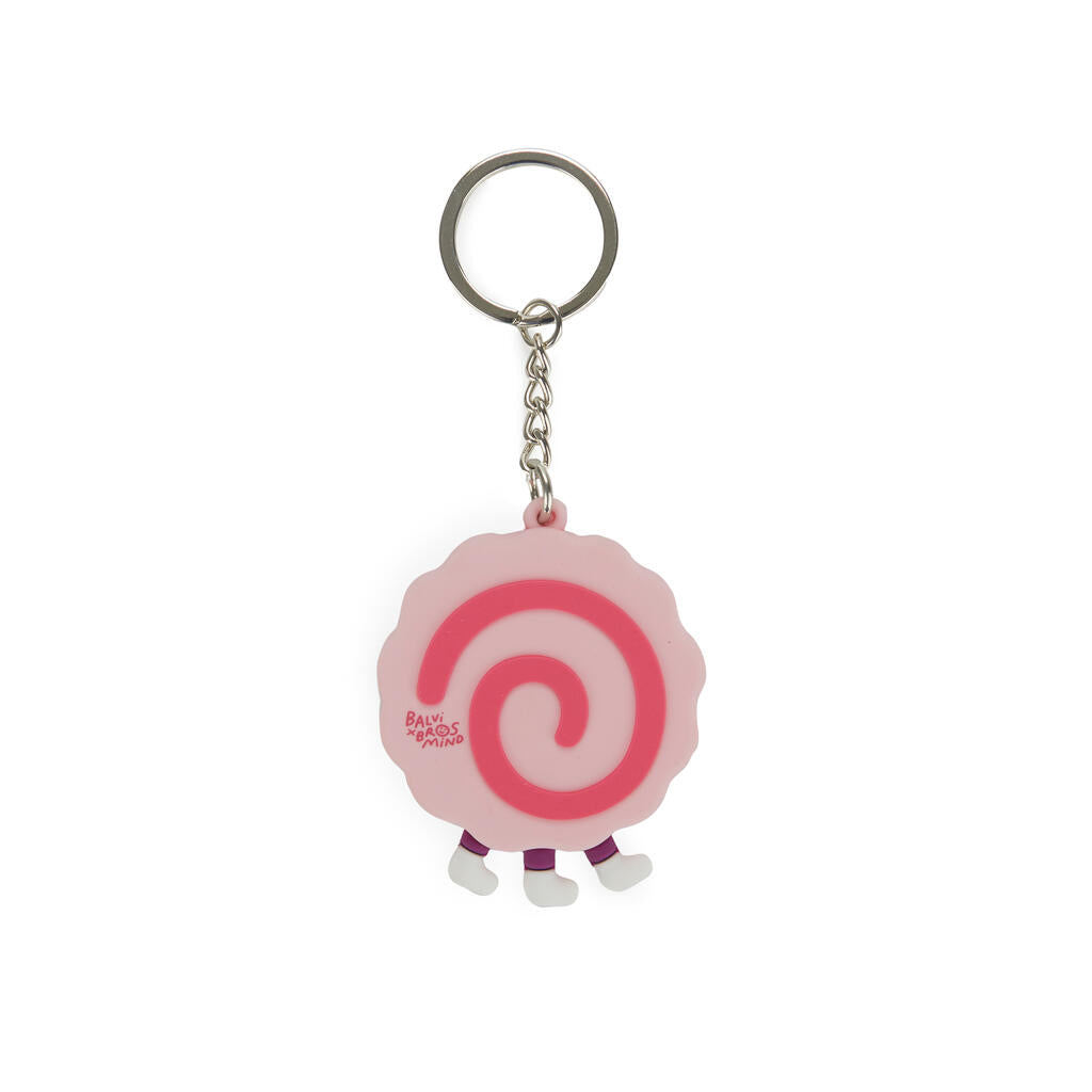 Parte trasera de un naruto, un circulo rosa con una espiral fucsia dentro, y carita sonriente, de tres patas sobre fondo blanco