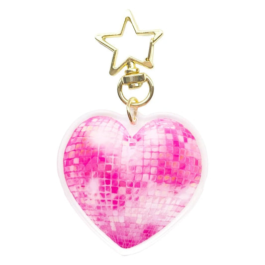 Llavero con forma de bola de discoteca corazón rosa y enganche de estrella dorada