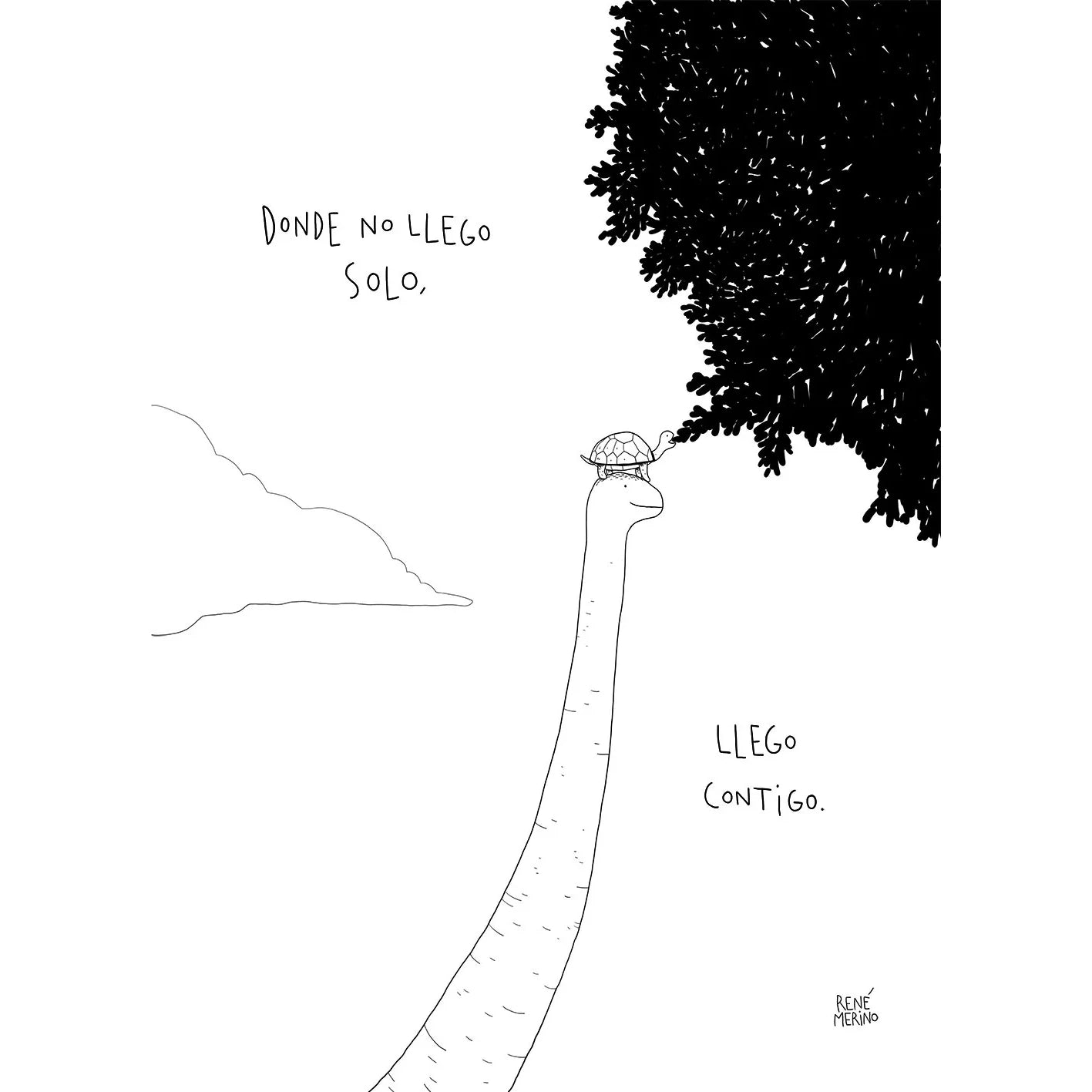 Ilustración en blanco y negro de un diplodocus con una tortuga en la cabeza que come las hojas más altas del árbol