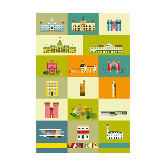 postal de atypical destacando distintos monumentos emblemáticos de la ciudad de valencia, como el ayuntamiento, correos, las torres, el Miguelete, etc. sobre fondos de colores