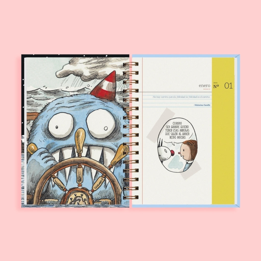 Portadilla de enero de la Agenda 2025 con organización semanal y portada e ilustraciones de la serie Macanudo de Liniers