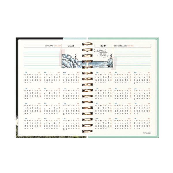 Páginas interiores de la agenda diaria para 2024 Macanudo de Liniers con calendarios anuales