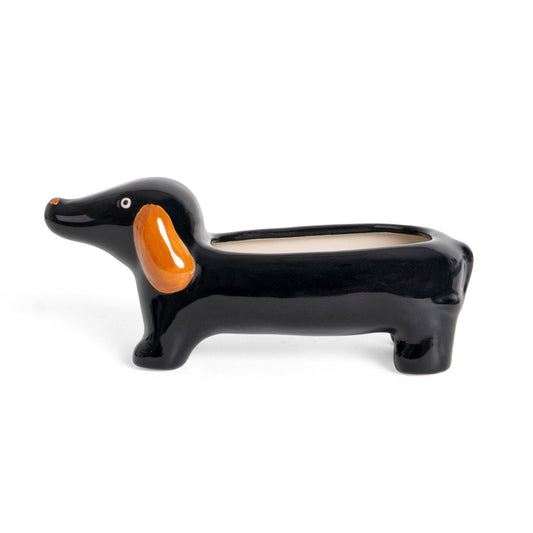 Mini maceta de cerámica con forma de perro salchicha negro para plantas pequeñas