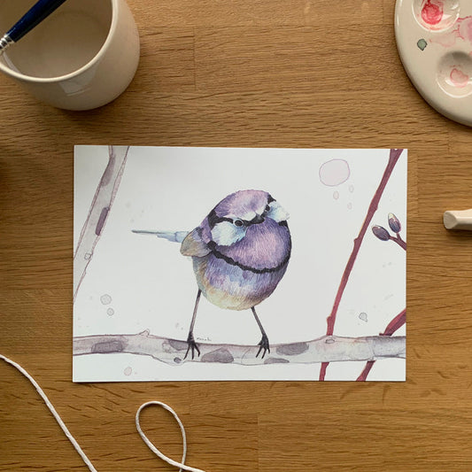 Mini print con ilustración de un pájaro morado de Marialu Gili