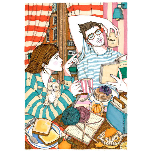 ilustración de la artista Ana Jarén de dos personas sentadas a la mesa con mucha comida y una de ellas haciéndole cosquillas a la otra mientras lee un libro 