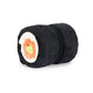 Manta Maki negro enrollada con forma de roll de sushi, vista frontal sobre fondo blanco