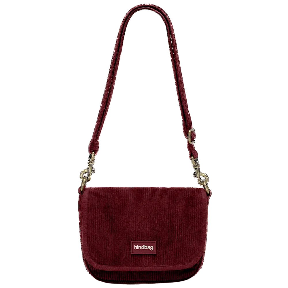 Bolso cuadrado con solapa de pana rojo burdeos de la marca francesa Hindbag