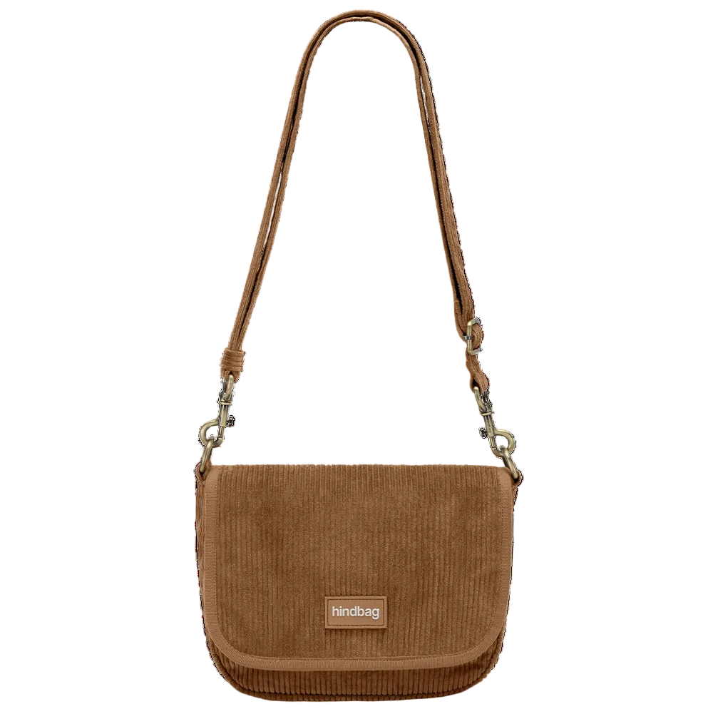 Bolso cuadrado con solapa de pana marrón café con leche de la marca francesa Hindbag