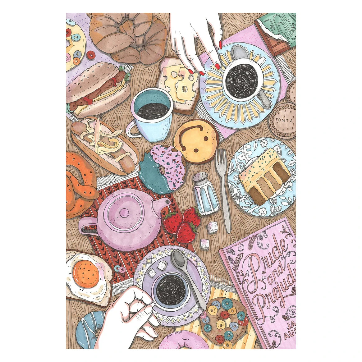 Ilustración de Ana JArén con una mesa llena de croissants, café, donuts, galletas, tostadas con huevos, perritos calientes, fresas... y el libro de Orgullo y Prejuicio de Jane Austen.