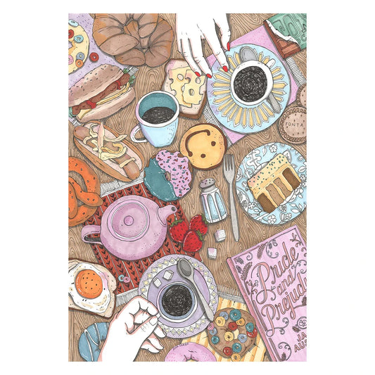 Ilustración de Ana JArén con una mesa llena de croissants, café, donuts, galletas, tostadas con huevos, perritos calientes, fresas... y el libro de Orgullo y Prejuicio de Jane Austen.