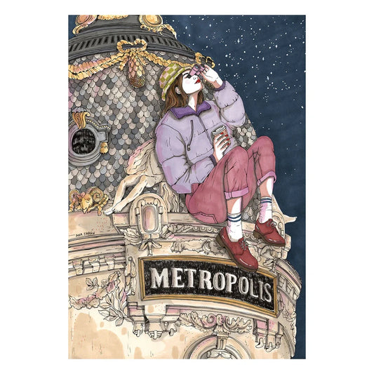print persona encima de edificio metrópolis de Madrid tomando café y mirando al cielo con unos prismáticos