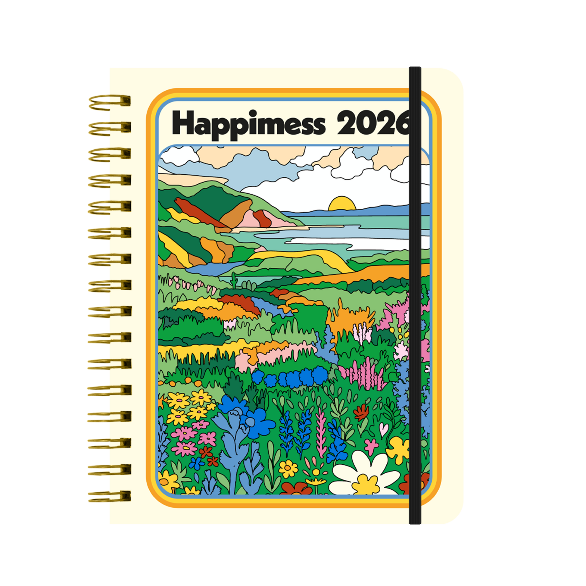 Portada con ilustración de un paisaje de colores de la agenda de Happimess Mis sueños me necesitan 2026 con organización diaria