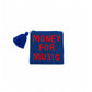 Monedero azul marino con cuentas y el mensaje MONEY FOR MUSIC en rojo