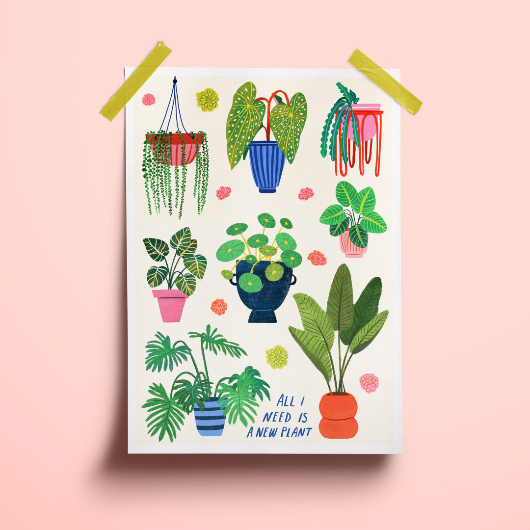 Ilustración de varias plantas y el mensaje "All I need is a new plant" con letra manuscrita puesta sobre una pared con dos trozos de washi tape