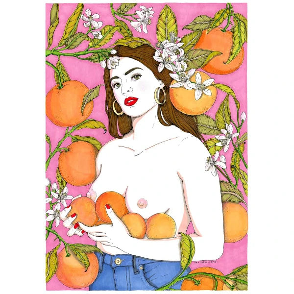 Ilustracion de ana jarén con una mujer sosteniendo naranjas con el pecho descubierto