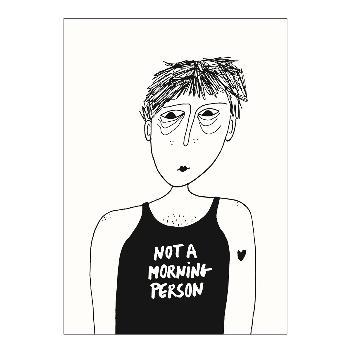 Ilustración de una persona con ojeras y mala cara con una camiseta con el mensaje "Not a morning person"