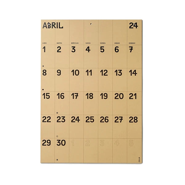 Calendario de pared 2024 en papel marrón y tamaño A3 en la hoja de enero de Colla Paper