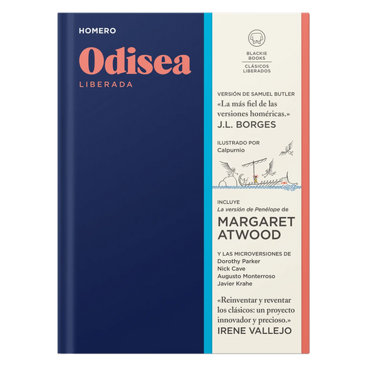 Portada azul marino de la Odisea de Homero con faja de blackie books con ficha técnica e ilustración de Calpurnio