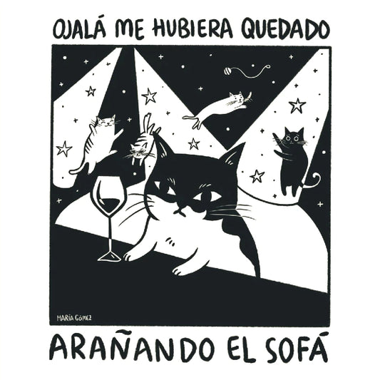 Ilustración de María Gómez de un gato en un bar aburrido mientras otros gatos bailan y pensando "Ojalá me hubiera quedado arañando el sofá"
