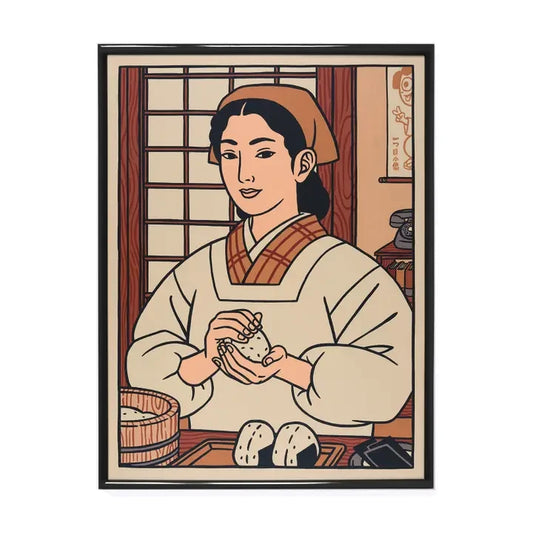 Ilustración de una mujer japonesa en traje tradicional cocinando onigiris