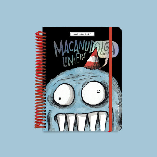 Portada de agenda semanal 2027 Macanudo de Liniers con ilustración de Olga y tipografía manuscrita sobre fondo negro, tapa dura anillada