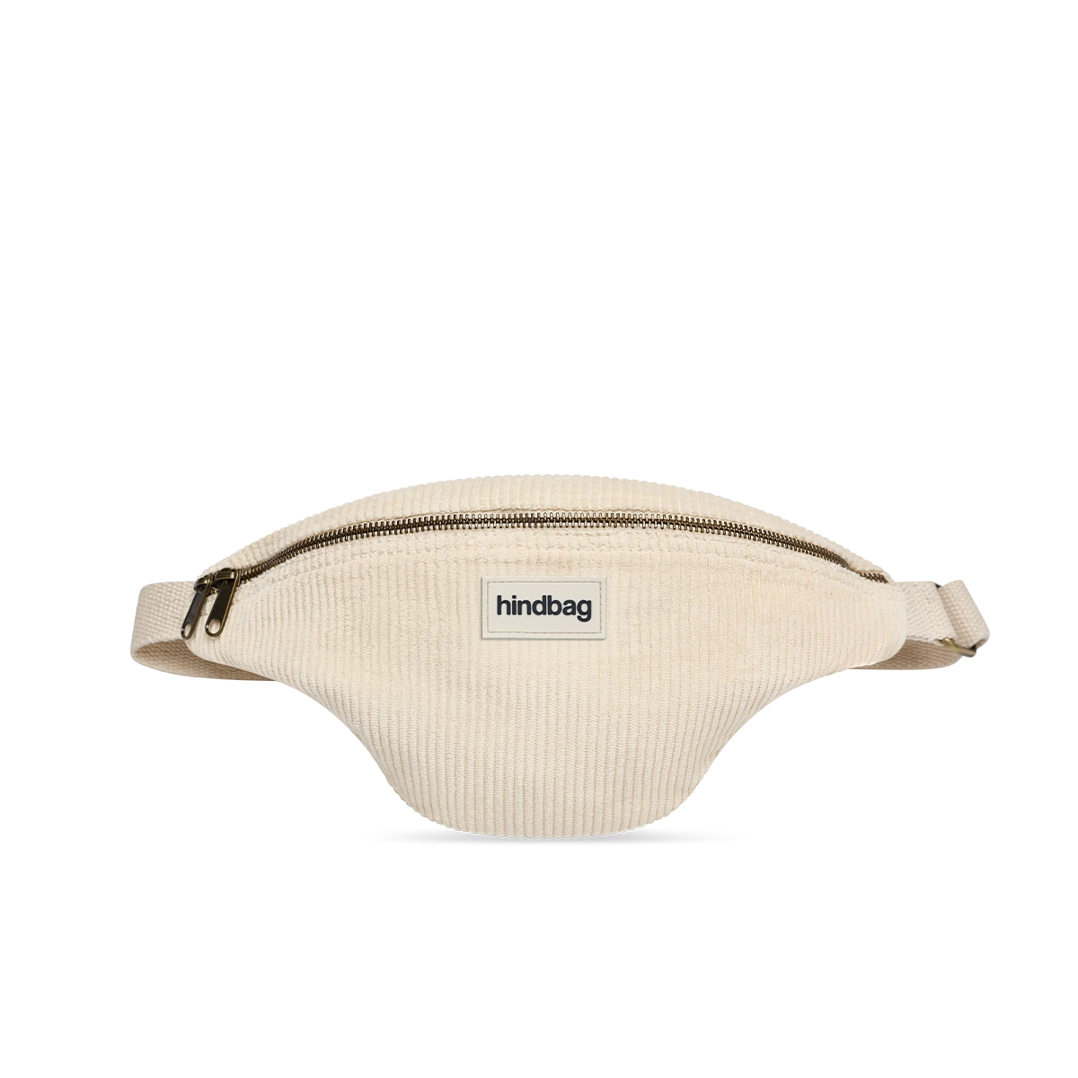 Riñonera de pana color crema de la Marca francesa Hindbag, con doble cremallera y correa ajustable