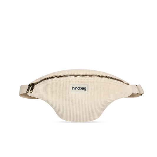 Riñonera de pana color crema de la Marca francesa Hindbag, con doble cremallera y correa ajustable