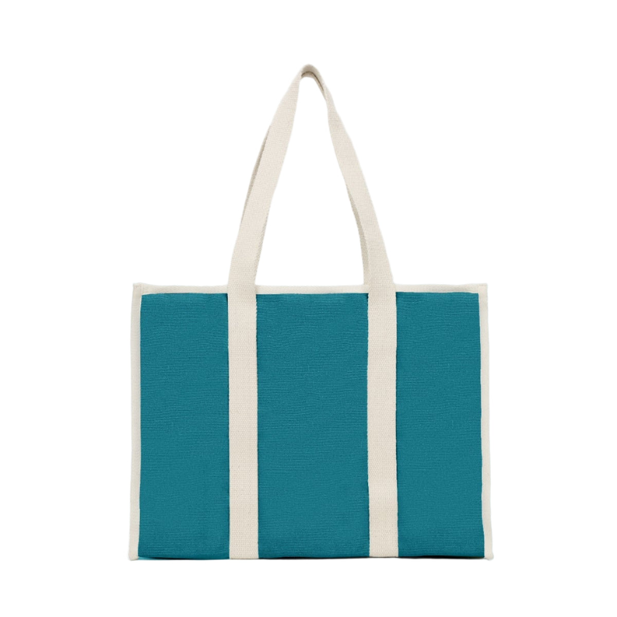 Parte trasera del bolso grande y cuadrado estilo tote bag de color azul turquesa con asas beige para llevar al hombro de la marca Hindbag