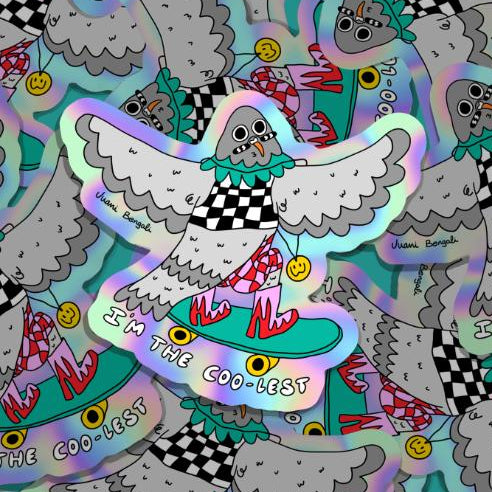 Pegatina holográfica de una paloma skater con el mensaje "I'm the coo-lest", de la colección Miss Feathers
