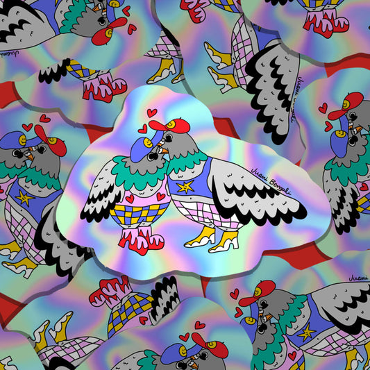 Pegatina holográfica de dos palomas enamoradas dándose un beso, de la colección Miss Feathers