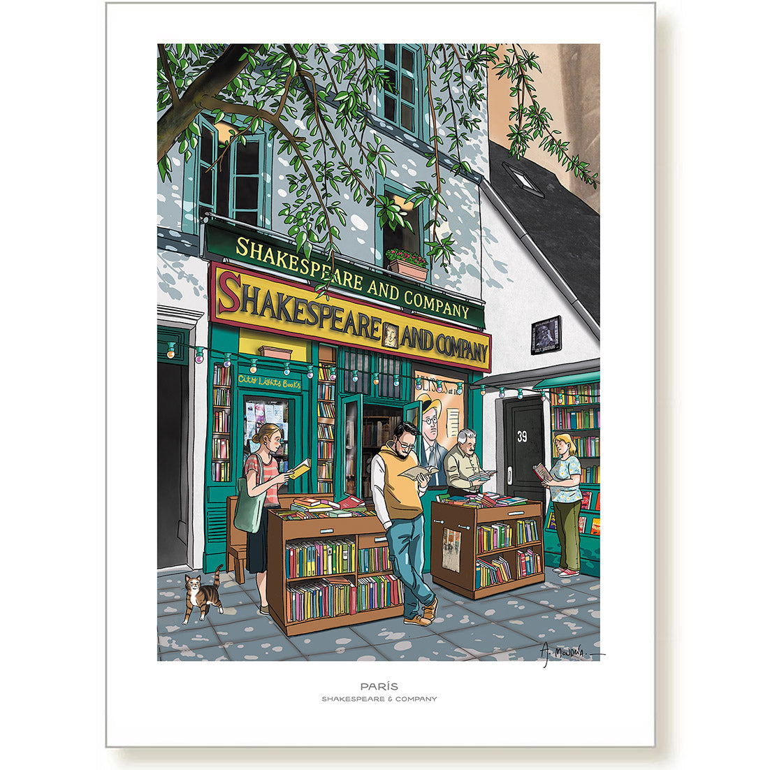 Ilustración de la fachada de la librería Shakespeare and Co. en París