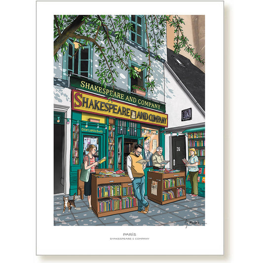 Ilustración de la fachada de la librería Shakespeare and Co. en París
