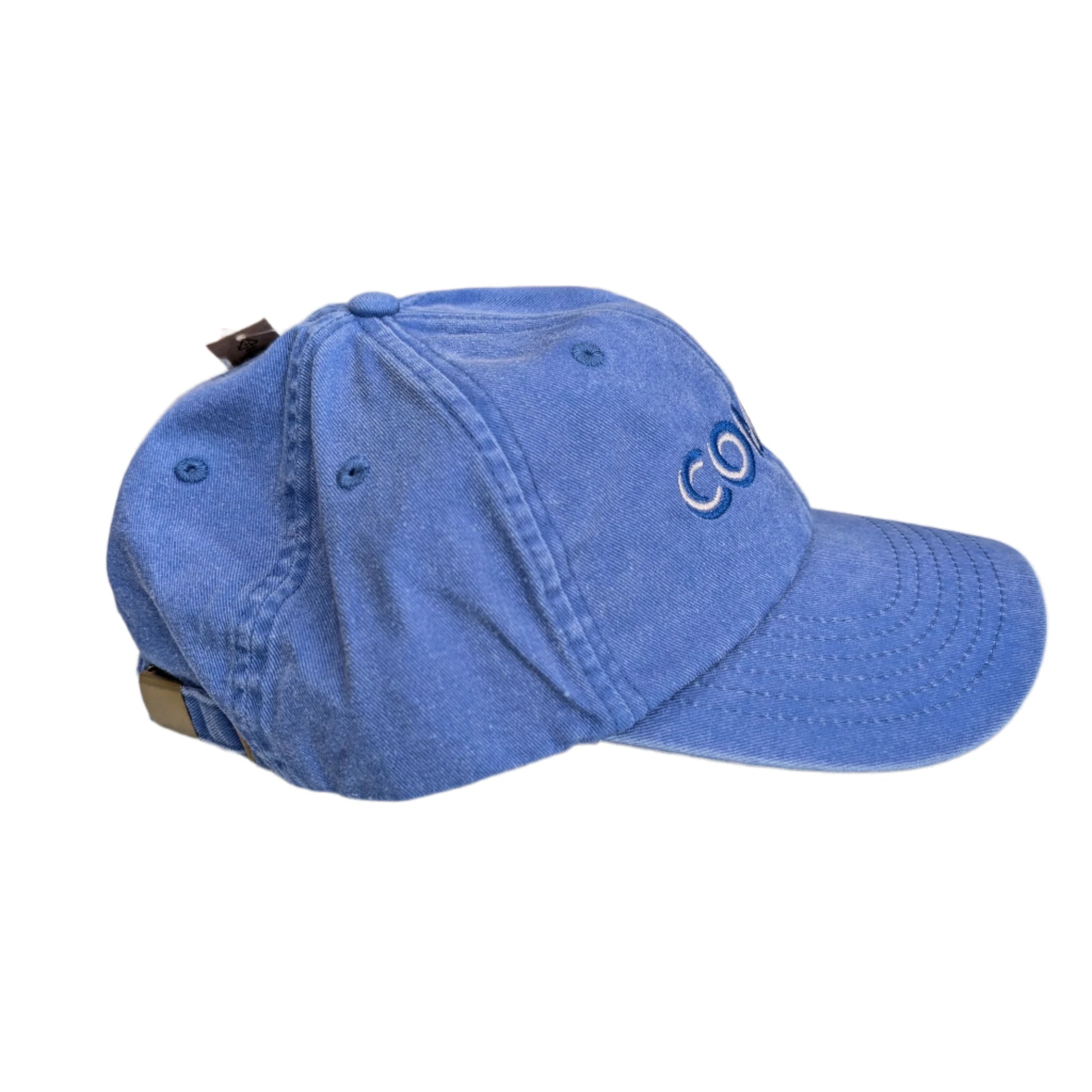 gorra de lado en color azul escrita en valenciano con el texto COMBOI borado en color azul y blanco