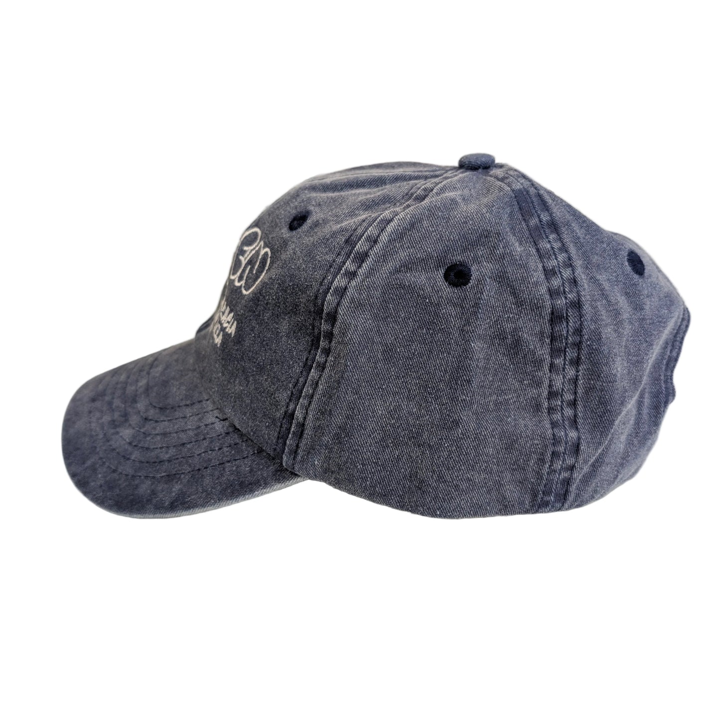 vista lateral de una gorra azul con el texto "El Carmen, Valencia empieza aquí" bordado en color blanco