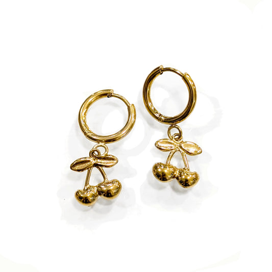 Pendientes con cierre de arete en forma de cerezas doradas de acero inoxidable