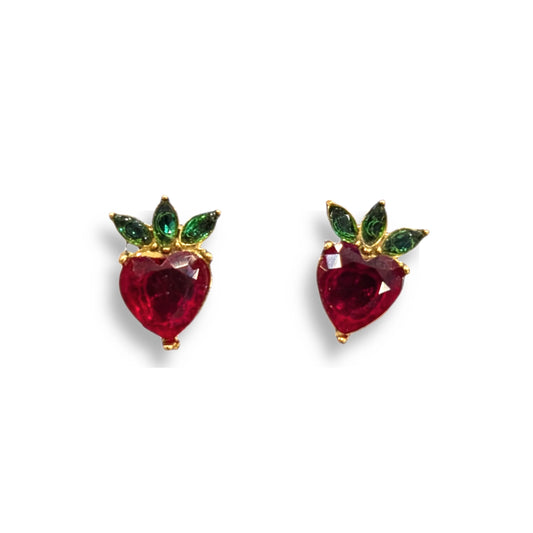 pendientes en forma de fresas doradas con piedras de color rojo y verde