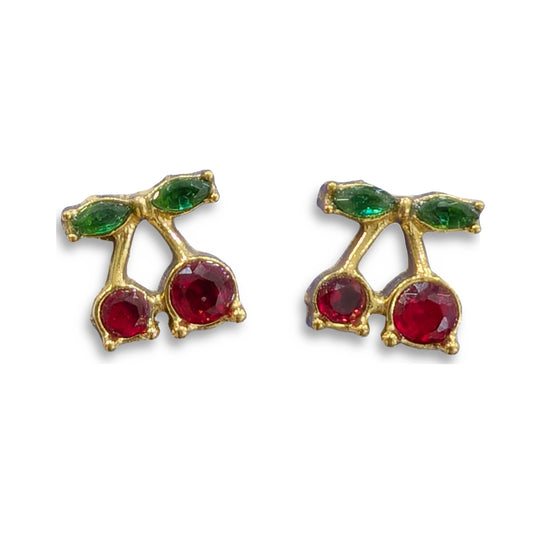 pendientes de acero inoxidable dorado en forma de cerezas con piedras brillantes de colores