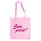 tote de color rosa con el texto Serà precís? en color granate