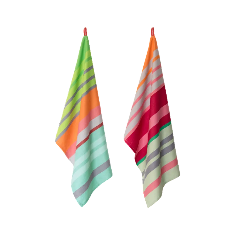 Juego de dos paños de cocina de la marca remember de rayas de colores. 
