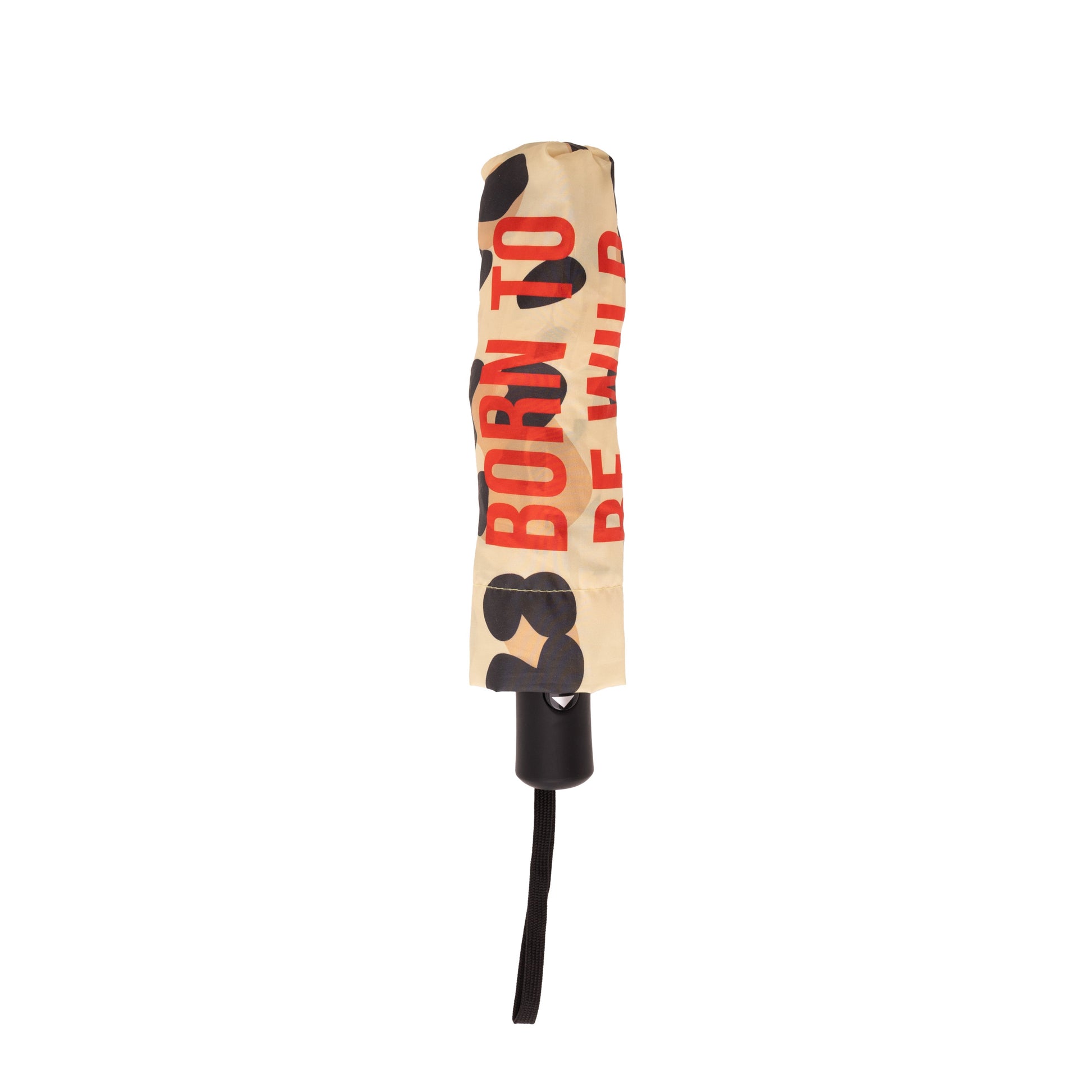 Paraguas plegable con funda y estampado de leopardo y el mensaje Born to be wild escrito en letras mayúsculas rojas