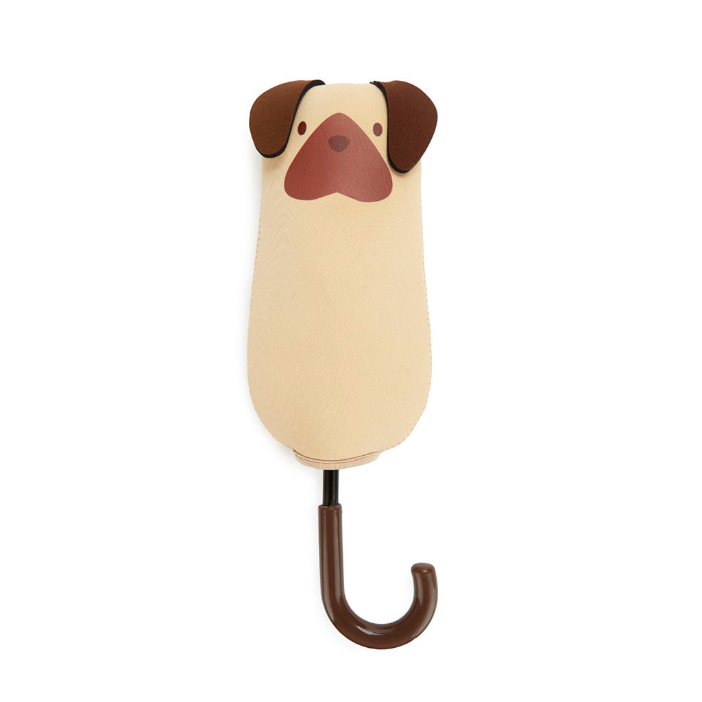 Funda de neopreno del paraguas con diseño de cara de perro beige y orejas marrones, vista frontal sobre fondo blanco