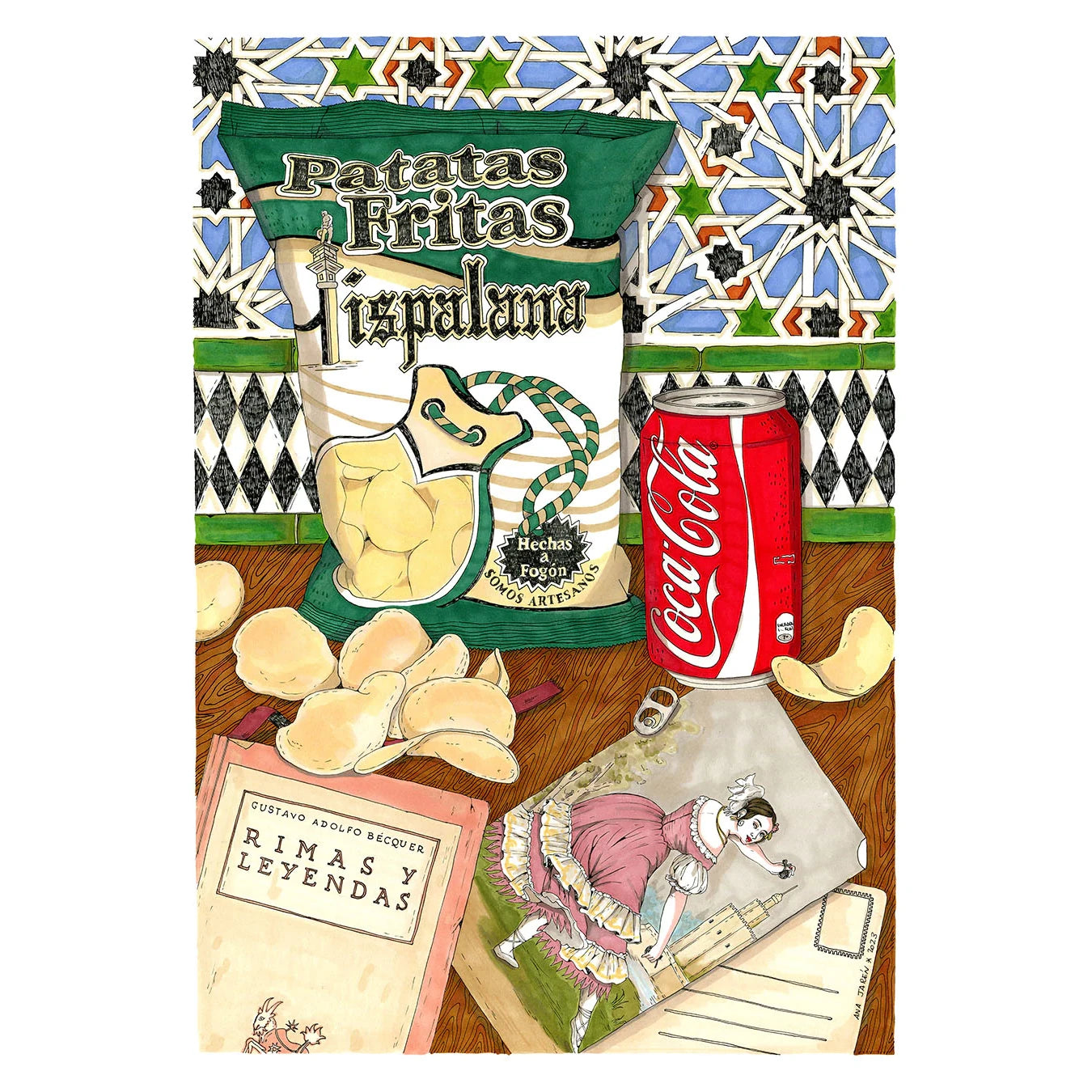Ilustración de Ana Jarén con paquete de patatas, libro de becquer y cocacola