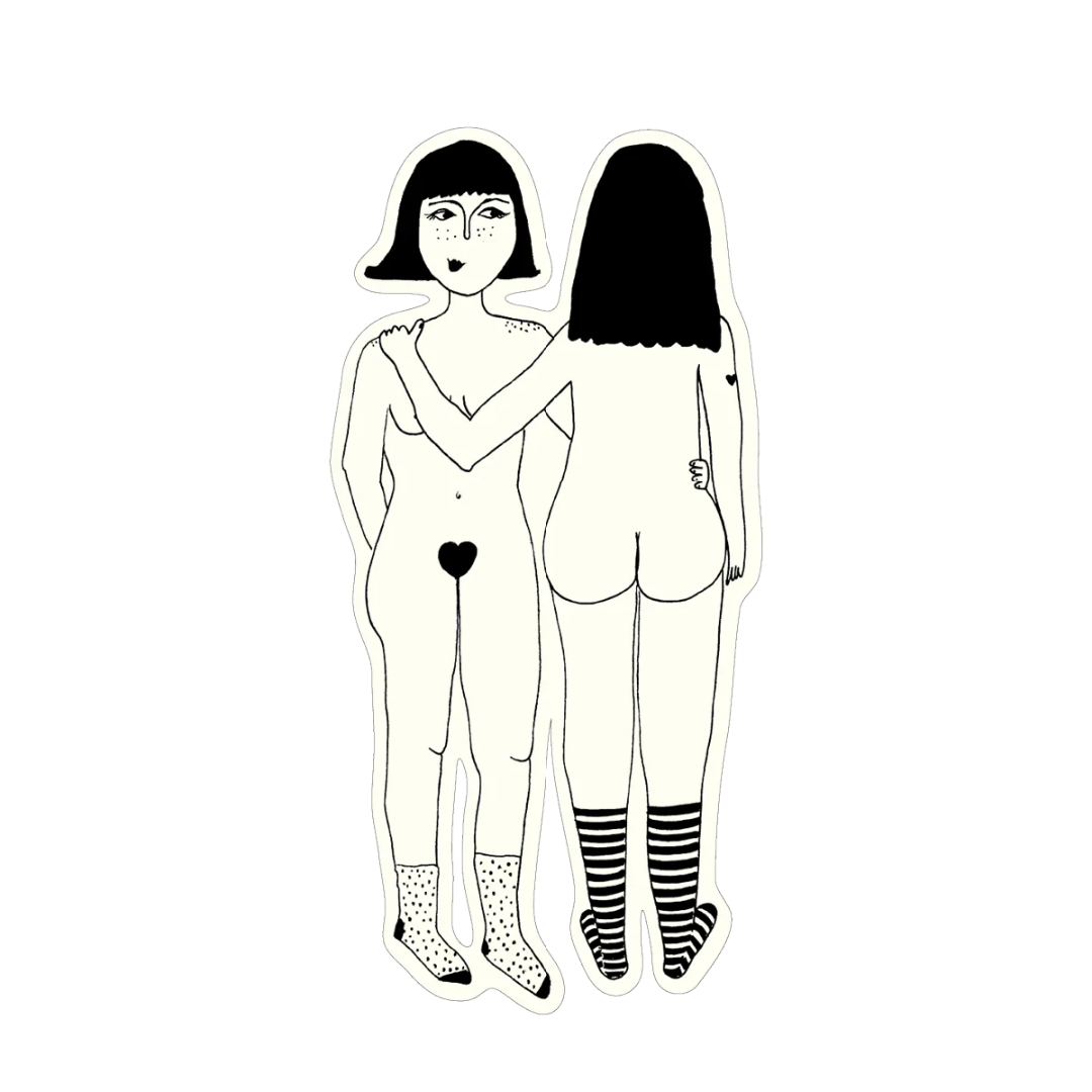 Pegatina de dos chicas desnudas agarradas, una de frente y otra de espaldas