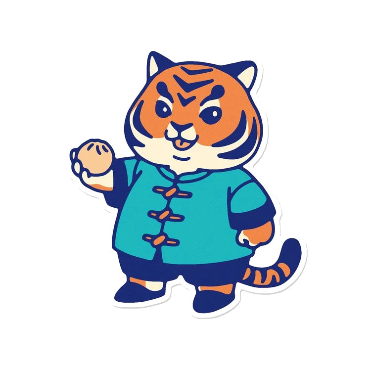 Pegatina con forma de tigre con casaca sosteniendo un bao