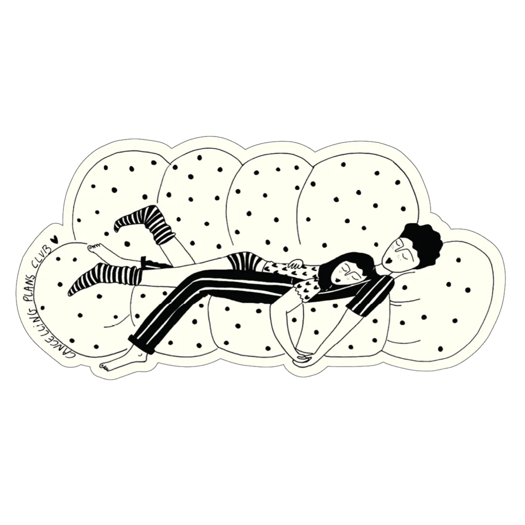 Pegatina de vinilo con forma de sofá mullidito con una pareja dormida encima