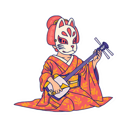 Pegatina de una japonesa con máscara de zorro tocando el shamisen